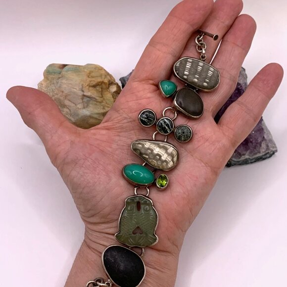 THE DREAMER Vintage Sterling Silver 925 Fossil Stone Boho Unique Bracelet #788 - Picture 12 of 13